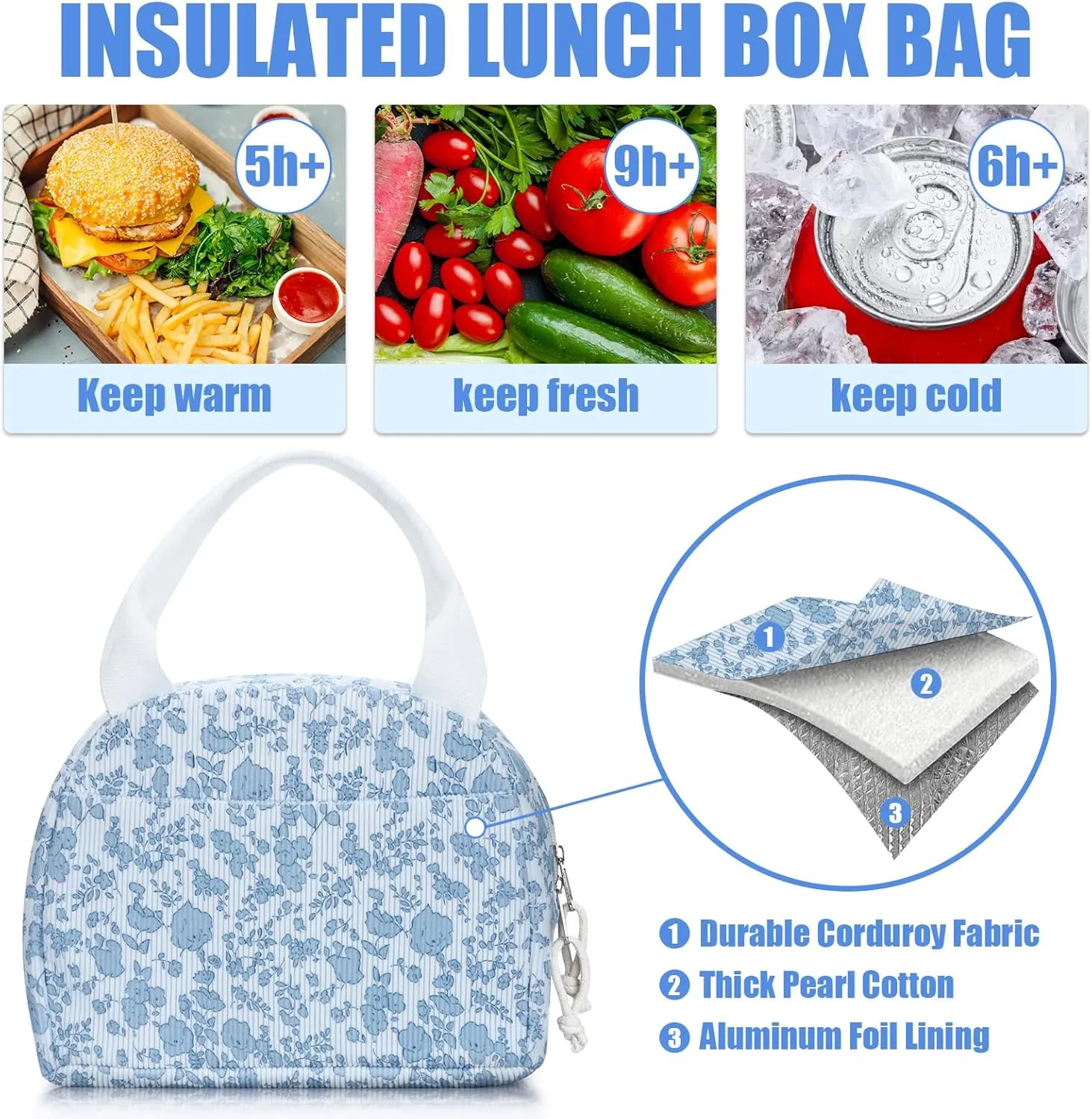 Insulated Lunch Bag Women, Reusable Corduroy Cute Lunch Box, Leakproof Floral Lunch Tote Bag with Large Capacity, Small Cooler Lunch Container for Work Office Travel Picnic (Blue Flower)