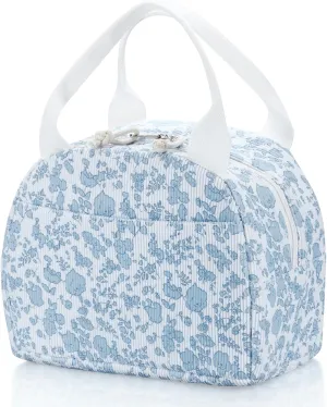 Insulated Lunch Bag Women, Reusable Corduroy Cute Lunch Box, Leakproof Floral Lunch Tote Bag with Large Capacity, Small Cooler Lunch Container for Work Office Travel Picnic (Blue Flower)