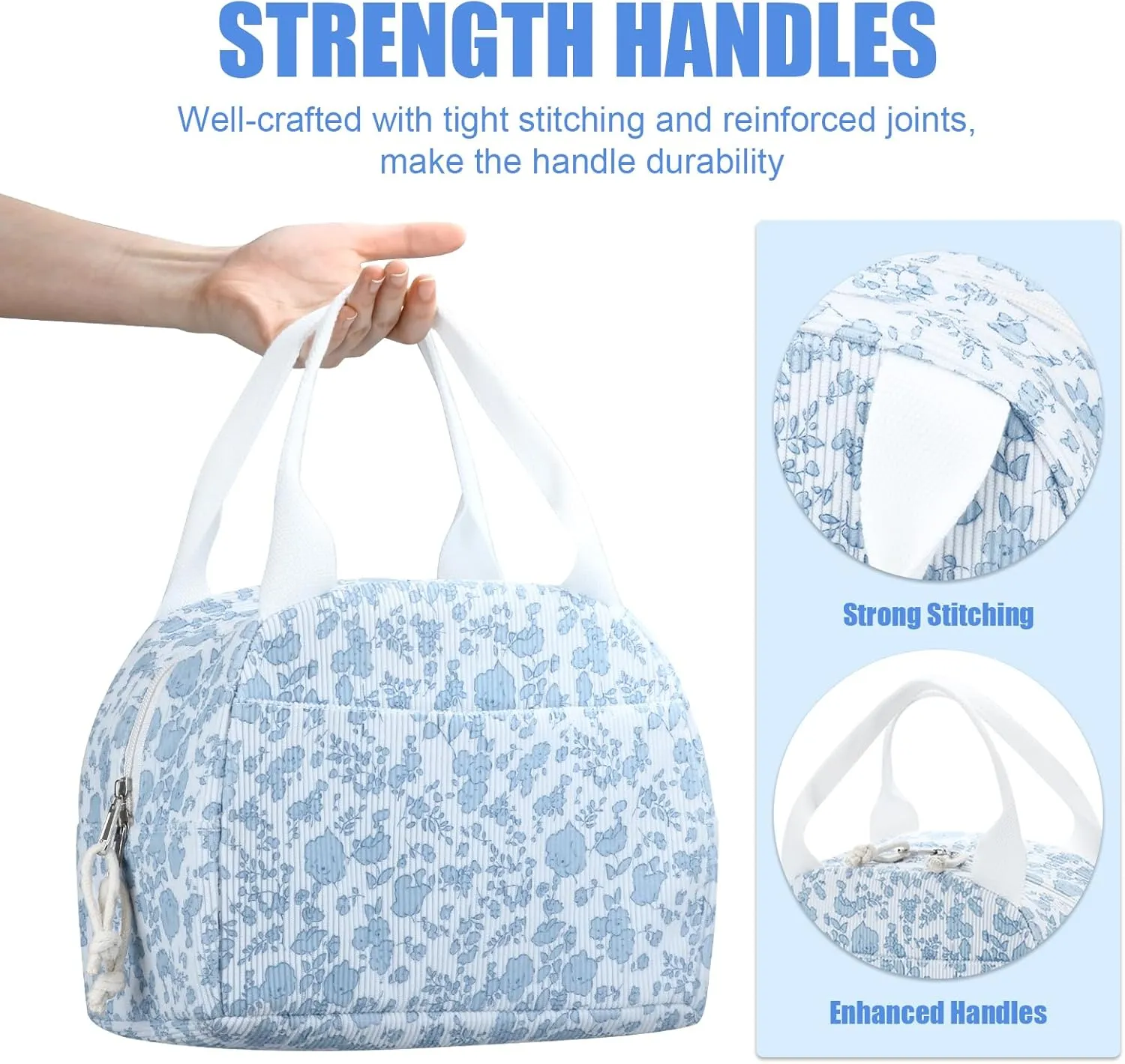 Insulated Lunch Bag Women, Reusable Corduroy Cute Lunch Box, Leakproof Floral Lunch Tote Bag with Large Capacity, Small Cooler Lunch Container for Work Office Travel Picnic (Blue Flower)