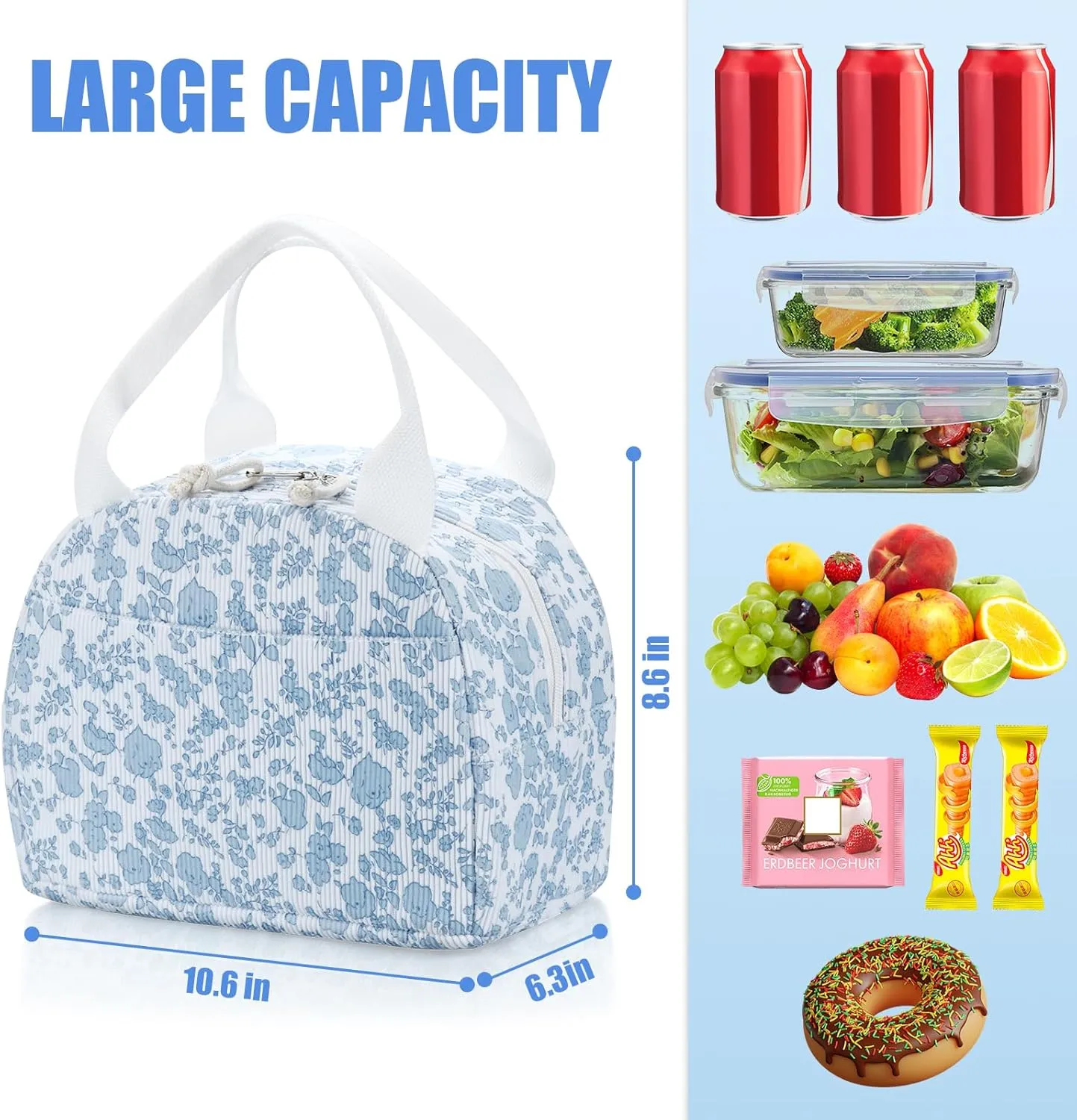 Insulated Lunch Bag Women, Reusable Corduroy Cute Lunch Box, Leakproof Floral Lunch Tote Bag with Large Capacity, Small Cooler Lunch Container for Work Office Travel Picnic (Blue Flower)