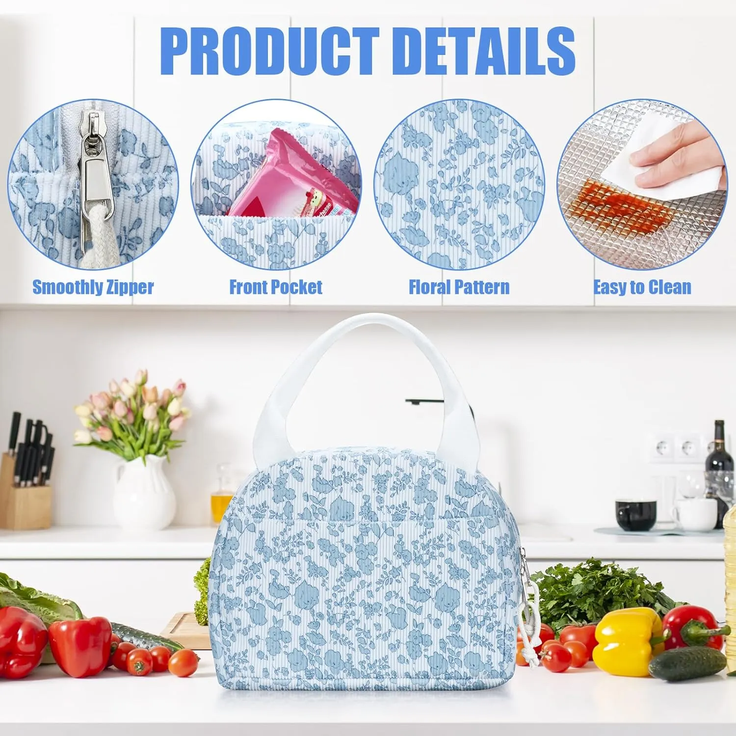 Insulated Lunch Bag Women, Reusable Corduroy Cute Lunch Box, Leakproof Floral Lunch Tote Bag with Large Capacity, Small Cooler Lunch Container for Work Office Travel Picnic (Blue Flower)
