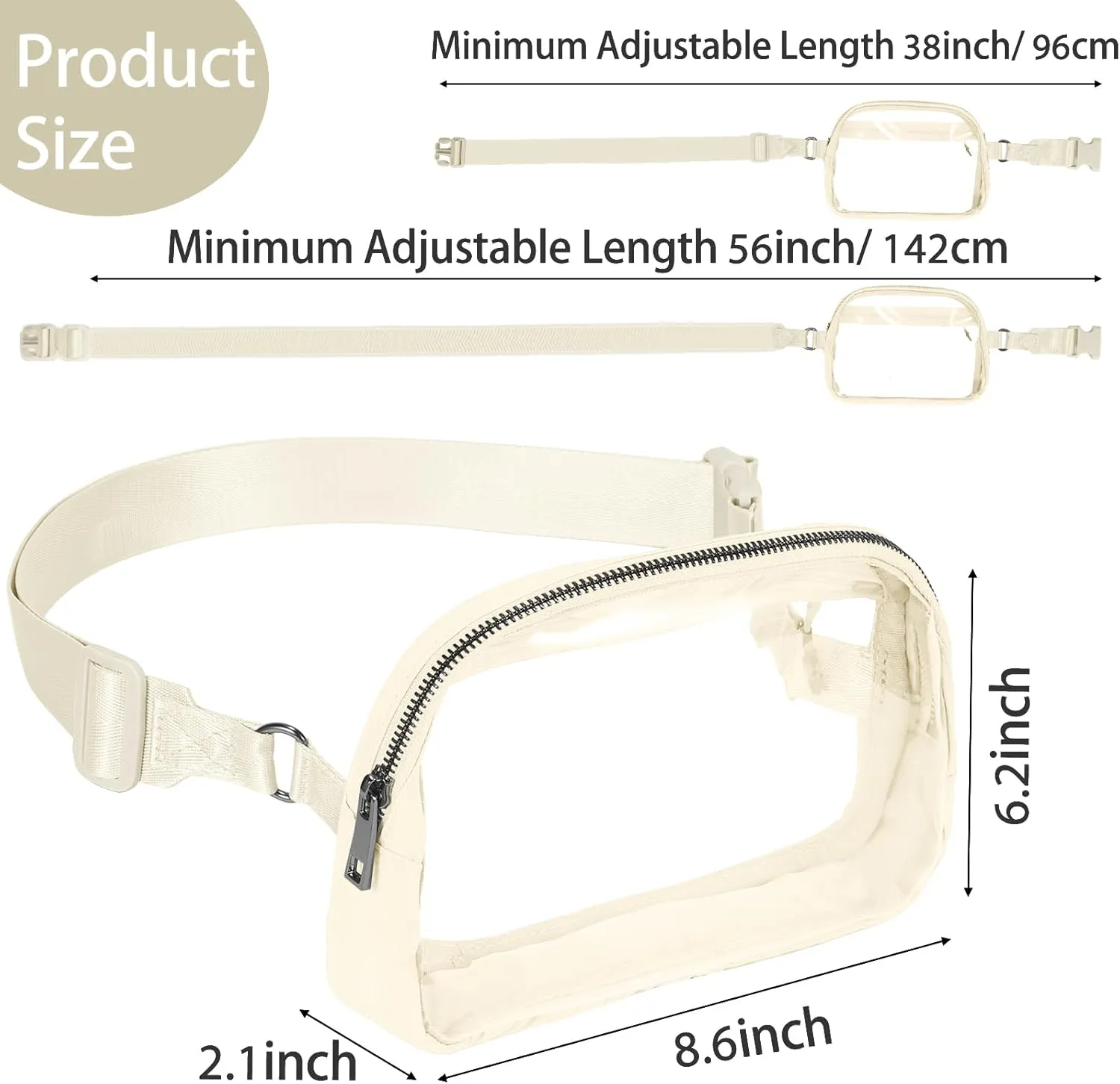 INTINI Clear Fanny Pack for Stadium Events – Small, Plus size Waist Transparent Belt Bag Sports, Concerts, and Festivals Beige