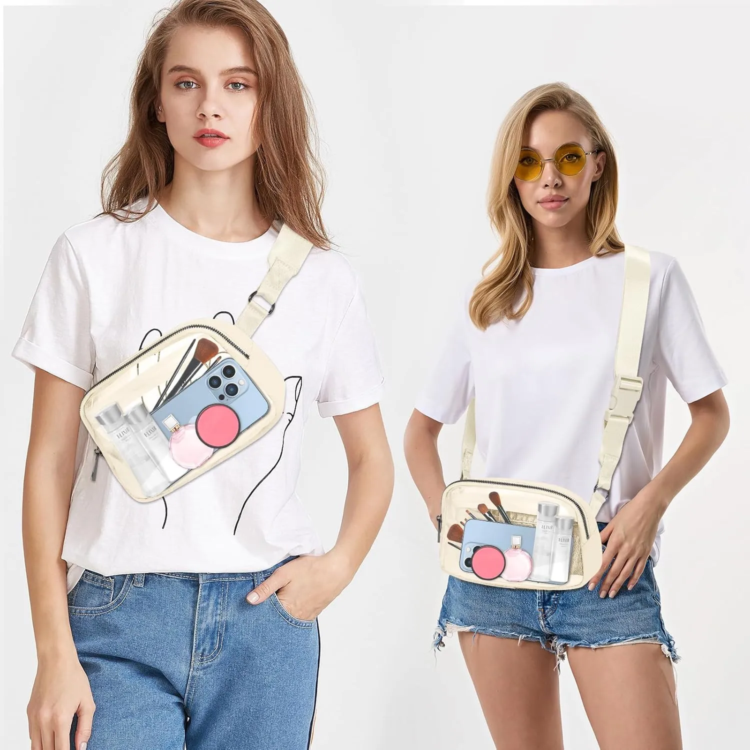 INTINI Clear Fanny Pack for Stadium Events – Small, Plus size Waist Transparent Belt Bag Sports, Concerts, and Festivals Beige