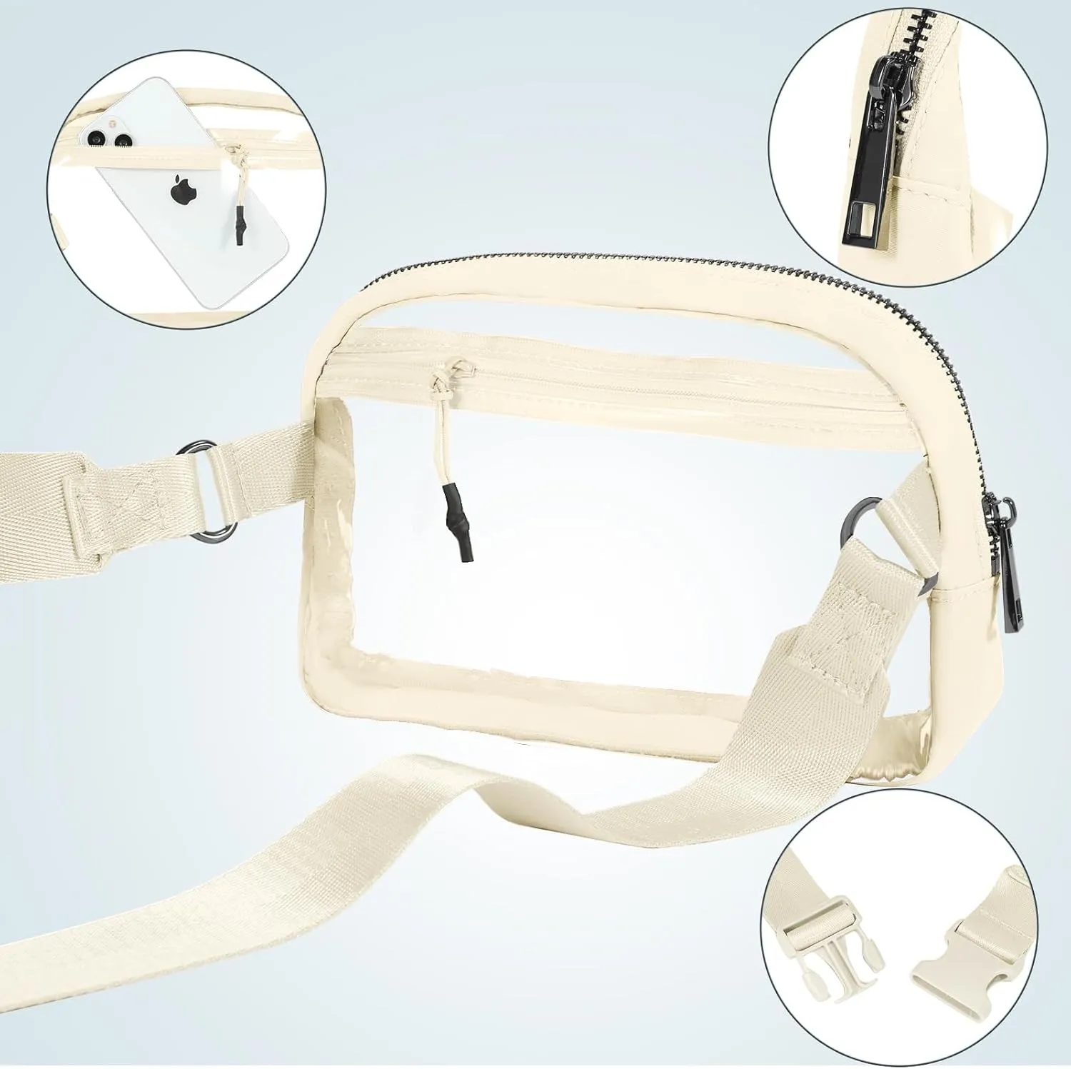 INTINI Clear Fanny Pack for Stadium Events – Small, Plus size Waist Transparent Belt Bag Sports, Concerts, and Festivals Beige