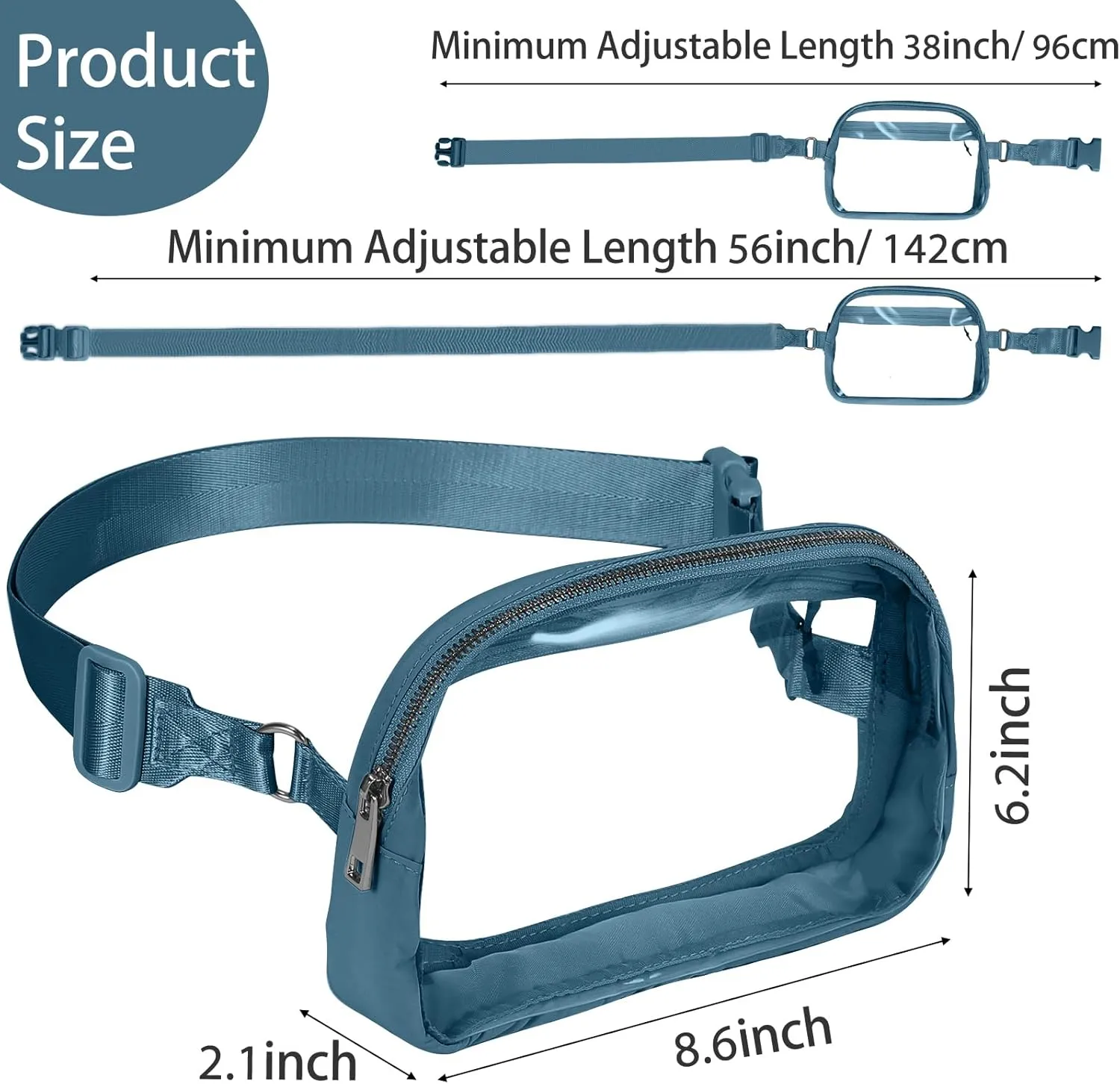INTINI Clear Fanny Pack for Stadium Events – Small, Plus size Waist Transparent Belt Bag Sports, Concerts, and Festivals (Blue)