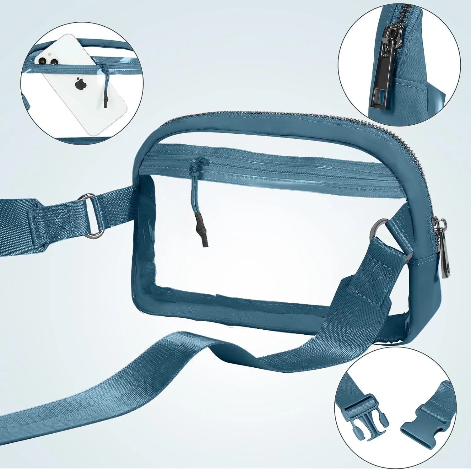 INTINI Clear Fanny Pack for Stadium Events – Small, Plus size Waist Transparent Belt Bag Sports, Concerts, and Festivals (Blue)