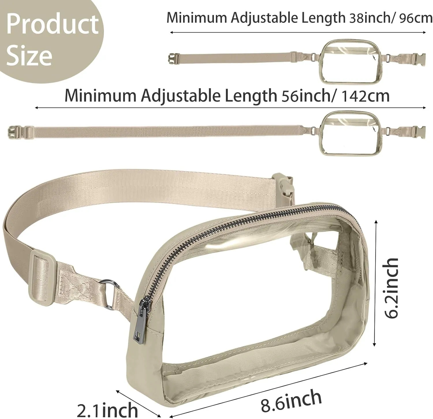 INTINI Clear Fanny Pack for Stadium Events – Small, Plus size Waist Transparent Belt Bag Sports, Concerts, and Festivals Khaki