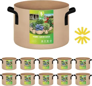 iPower 5 Gallon Grow Bags Nonwoven Fabric Pots Aeration Container with Strap Handles for Garden and Planting, 10-Pack Tan