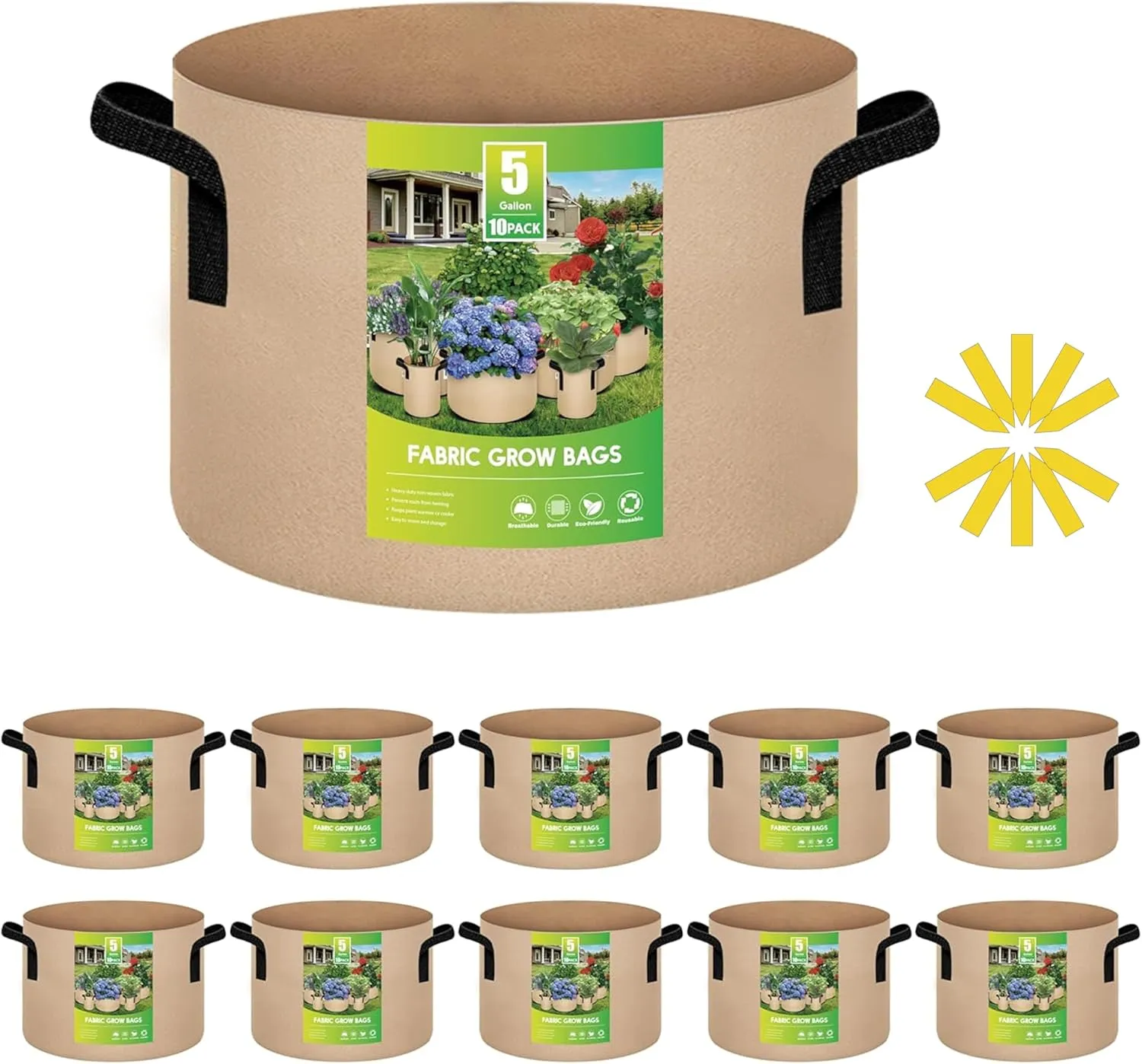 iPower 5 Gallon Grow Bags Nonwoven Fabric Pots Aeration Container with Strap Handles for Garden and Planting, 10-Pack Tan