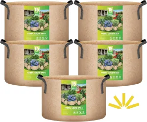 iPower 5 Pack 15 Gallon Tan Grow Bags, Garden Planting Nonwoven Fabric Pots with Reinforced Handle, Heavy Duty and Aeration Planter Pot for Tomato, Fruits, Vegetables and Flowers
