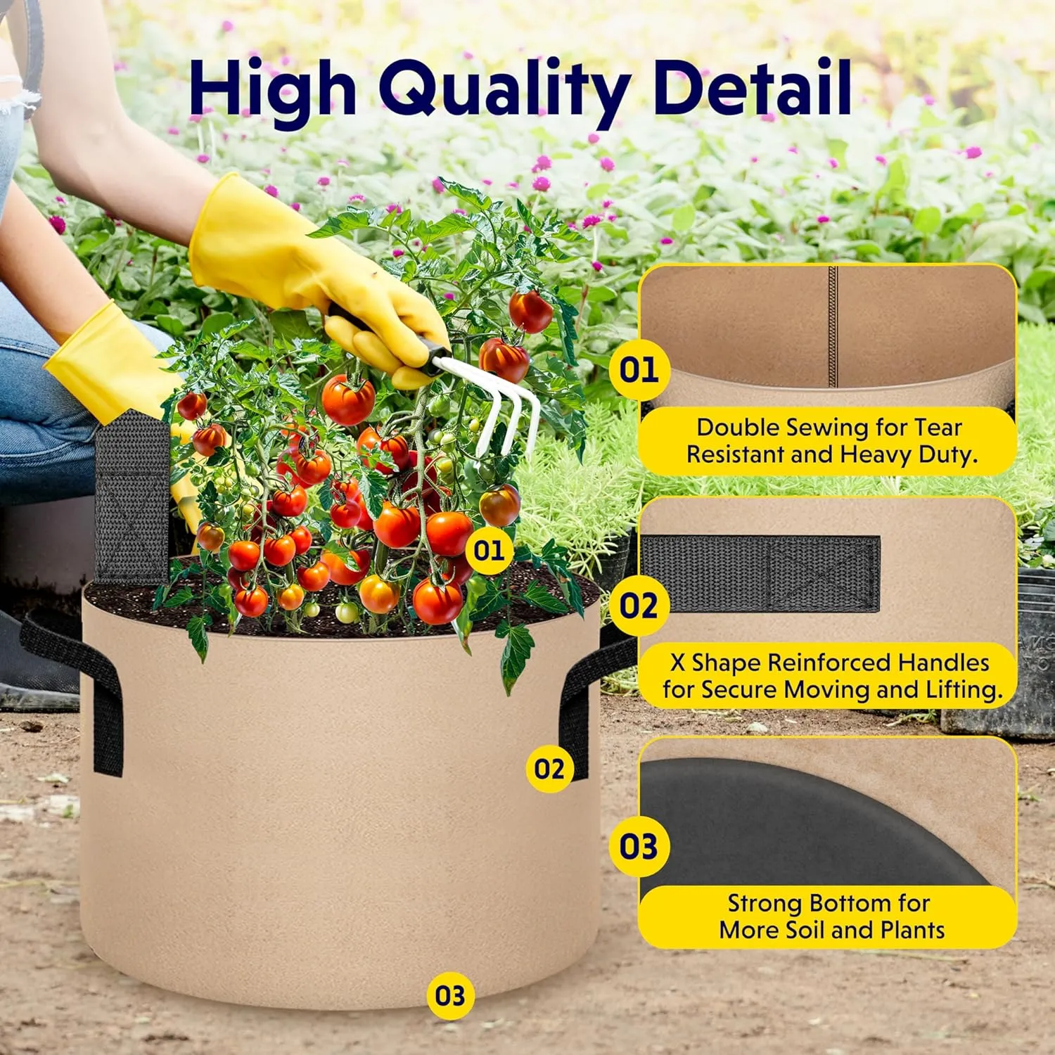 iPower 5 Pack 15 Gallon Tan Grow Bags, Garden Planting Nonwoven Fabric Pots with Reinforced Handle, Heavy Duty and Aeration Planter Pot for Tomato, Fruits, Vegetables and Flowers