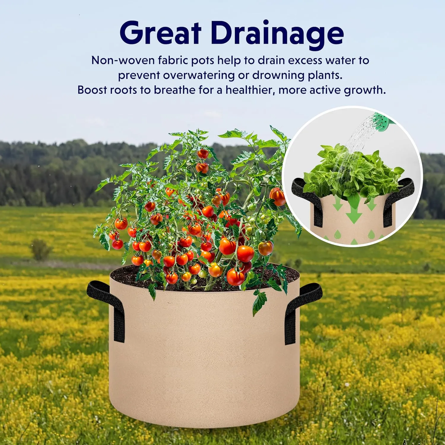 iPower 5 Pack 15 Gallon Tan Grow Bags, Garden Planting Nonwoven Fabric Pots with Reinforced Handle, Heavy Duty and Aeration Planter Pot for Tomato, Fruits, Vegetables and Flowers