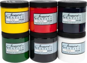 Jacquard Textile 6 Color Primary Colors Set - Permanent Fabric Paint for Clothes, Furniture Upholstery, Shoes or Tote Bags – Indoor & Outdoor Fabric Paint Set – 8 Oz Jars, Upholstery Fabric paint