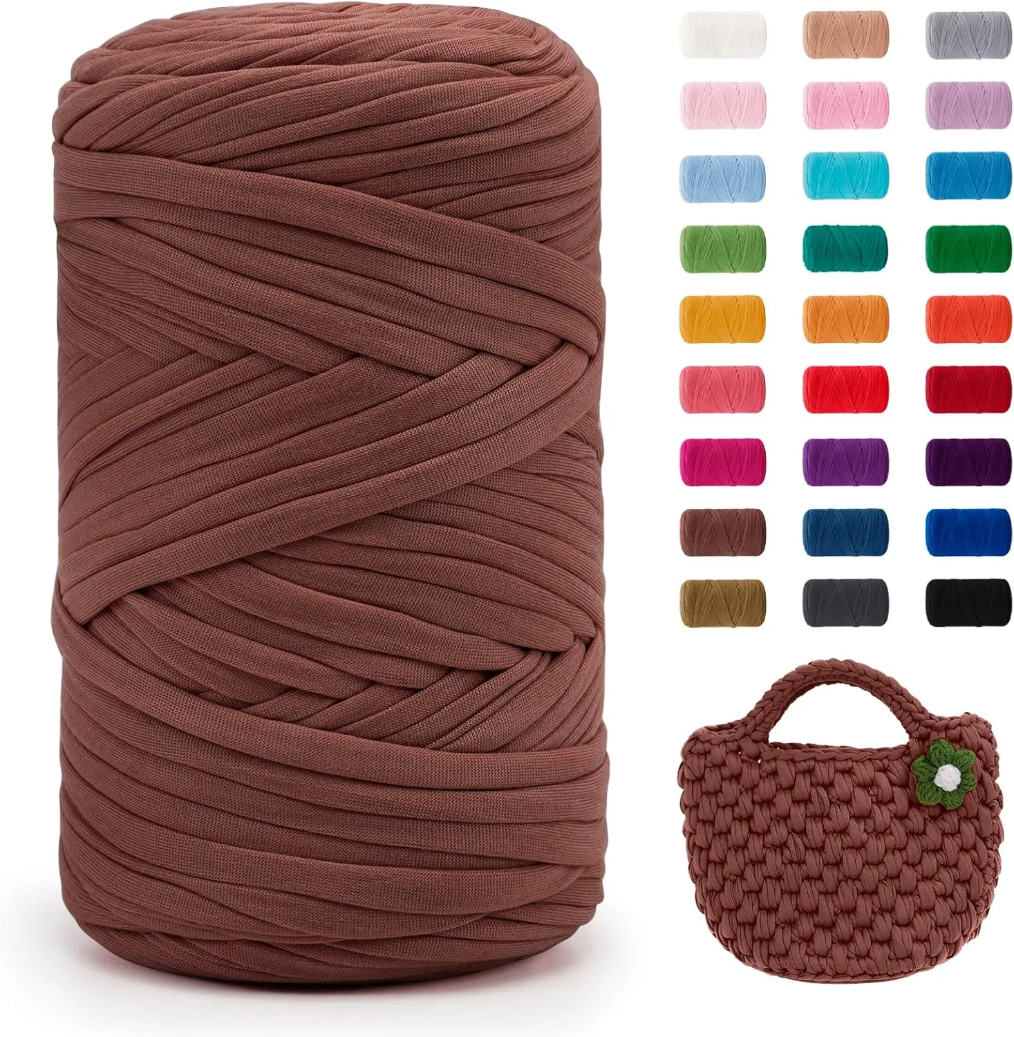 JeogYong T-Shirt Yarn, 400g/131 Yards Elastic Fabric Crochet Cloth T Shirt Yarn, Thick Hand Knitting Polyester Fabric Ribbon for Crocheting Bags/Baskets/Rugs, Home Decor, DIY Crafts (Coffee)