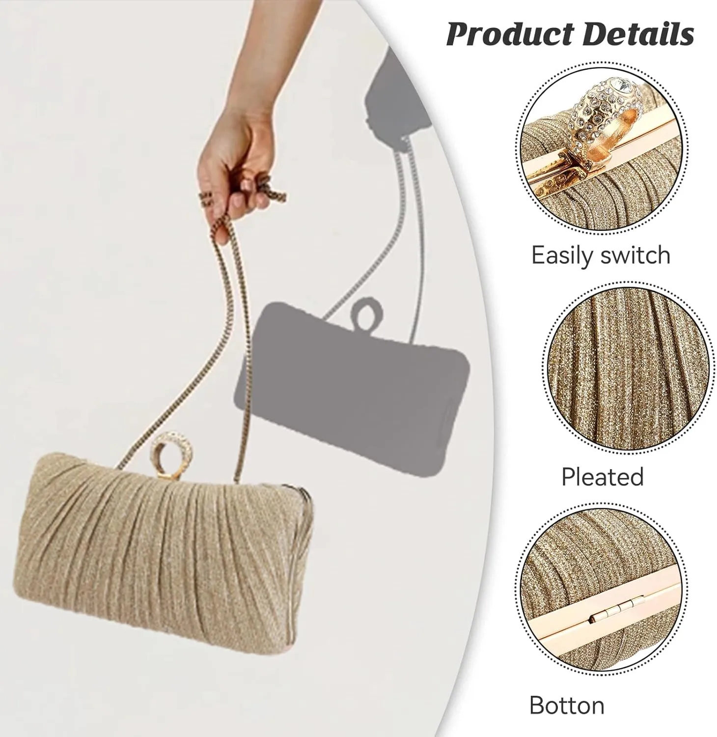jessie Clutch Purse for Women Pleated Glitter Evening Bag for Crystal Bridal Wedding Party with Rhinestone