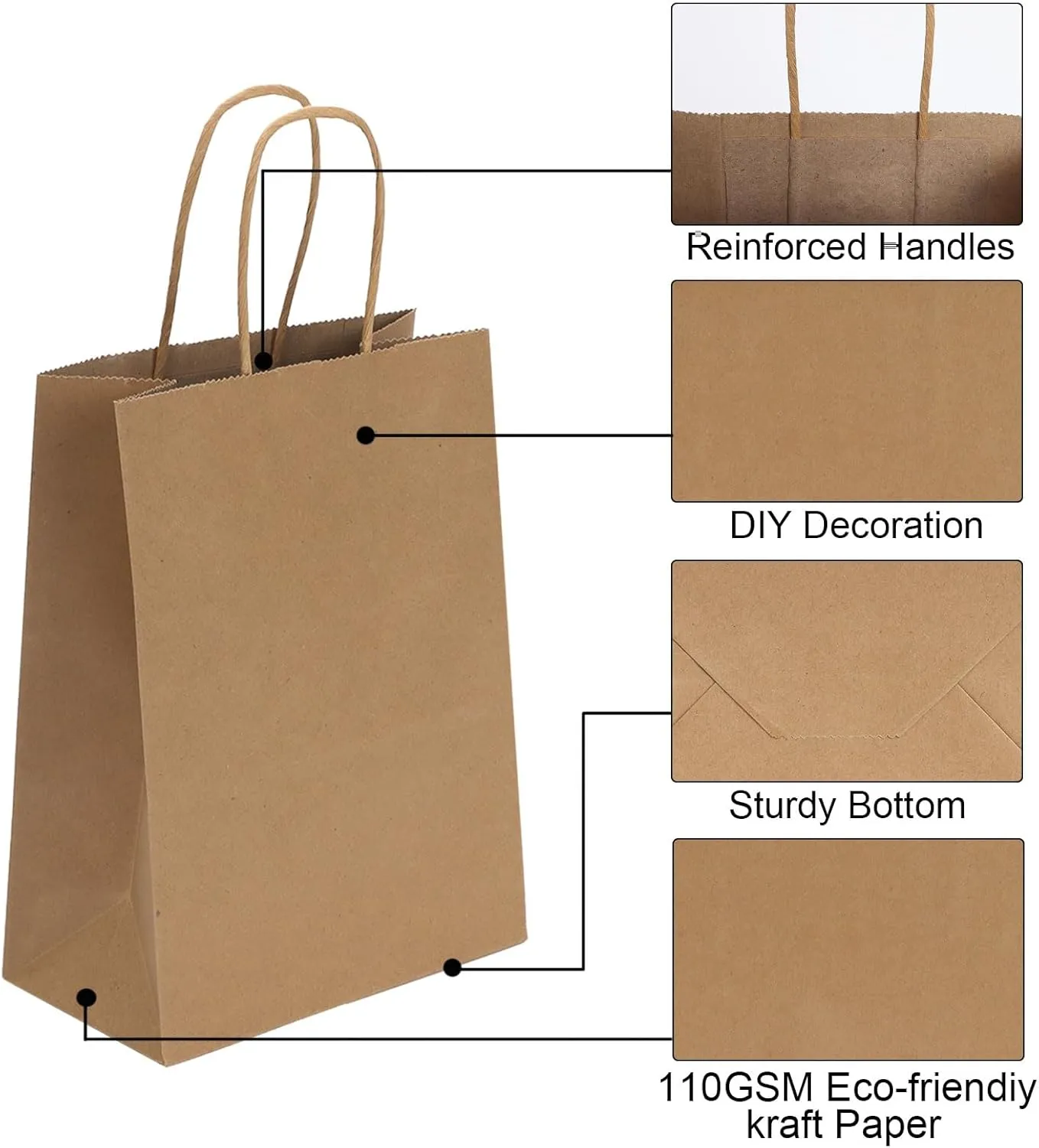 Joybe 100 Pack 6x3.25x8 Inch Small Brown Paper Bags with Handles Bulk, Kraft Paper Gift Bags for Birthday Party Favors Grocery Retail Shopping Business Goody Craft Sacks (Blank Plain Natural, 100pcs)