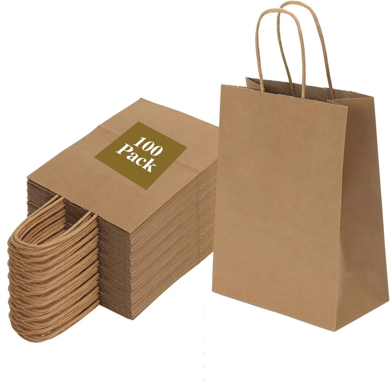 Joybe 100 Pack 6x3.25x8 Inch Small Brown Paper Bags with Handles Bulk, Kraft Paper Gift Bags for Birthday Party Favors Grocery Retail Shopping Business Goody Craft Sacks (Blank Plain Natural, 100pcs)