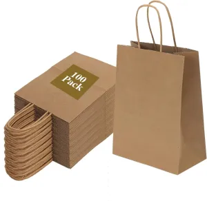 Joybe 100 Pack 6x3.25x8 Inch Small Brown Paper Bags with Handles Bulk, Kraft Paper Gift Bags for Birthday Party Favors Grocery Retail Shopping Business Goody Craft Sacks (Blank Plain Natural, 100pcs)