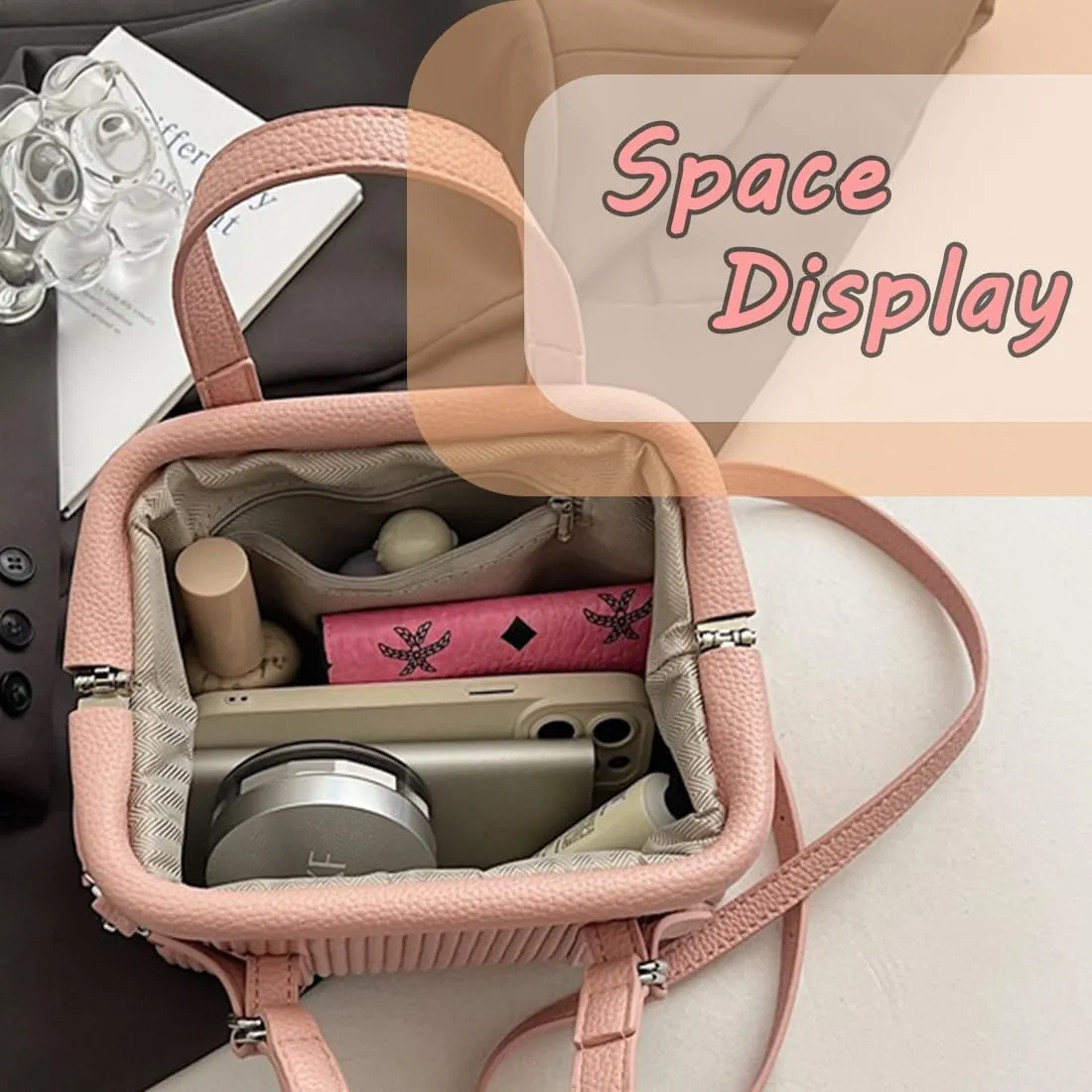 JYG Small Tote Bag for Women Spring PU Leather Shoulder Bag Kiss Lock Satchel Purse with Adjustable Strap
