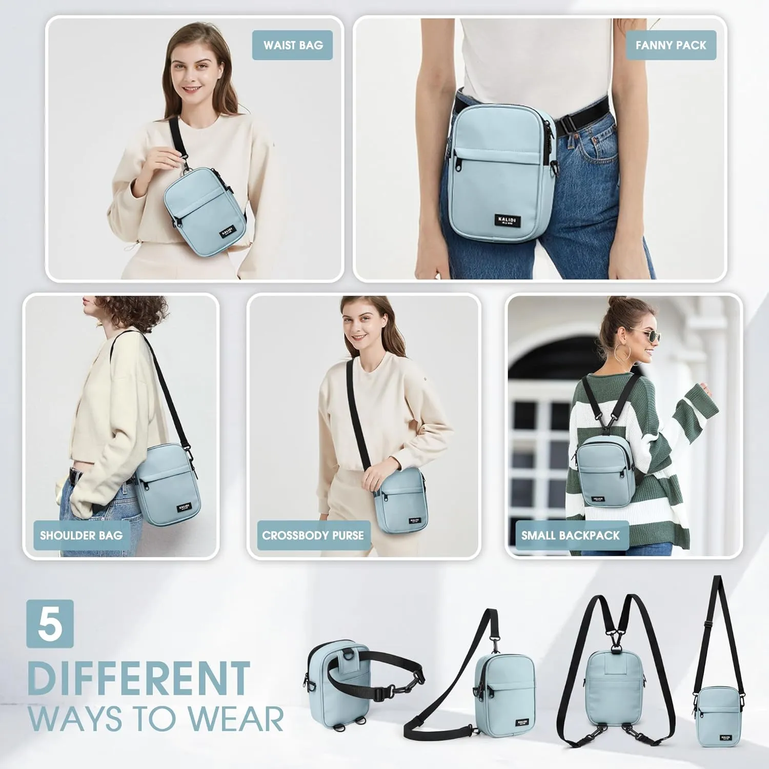 KALIDI Crossbody Sling Bag for Women Men Multi Position Small Purse Waist Fanny Pack with 2 Adjustable Strap
