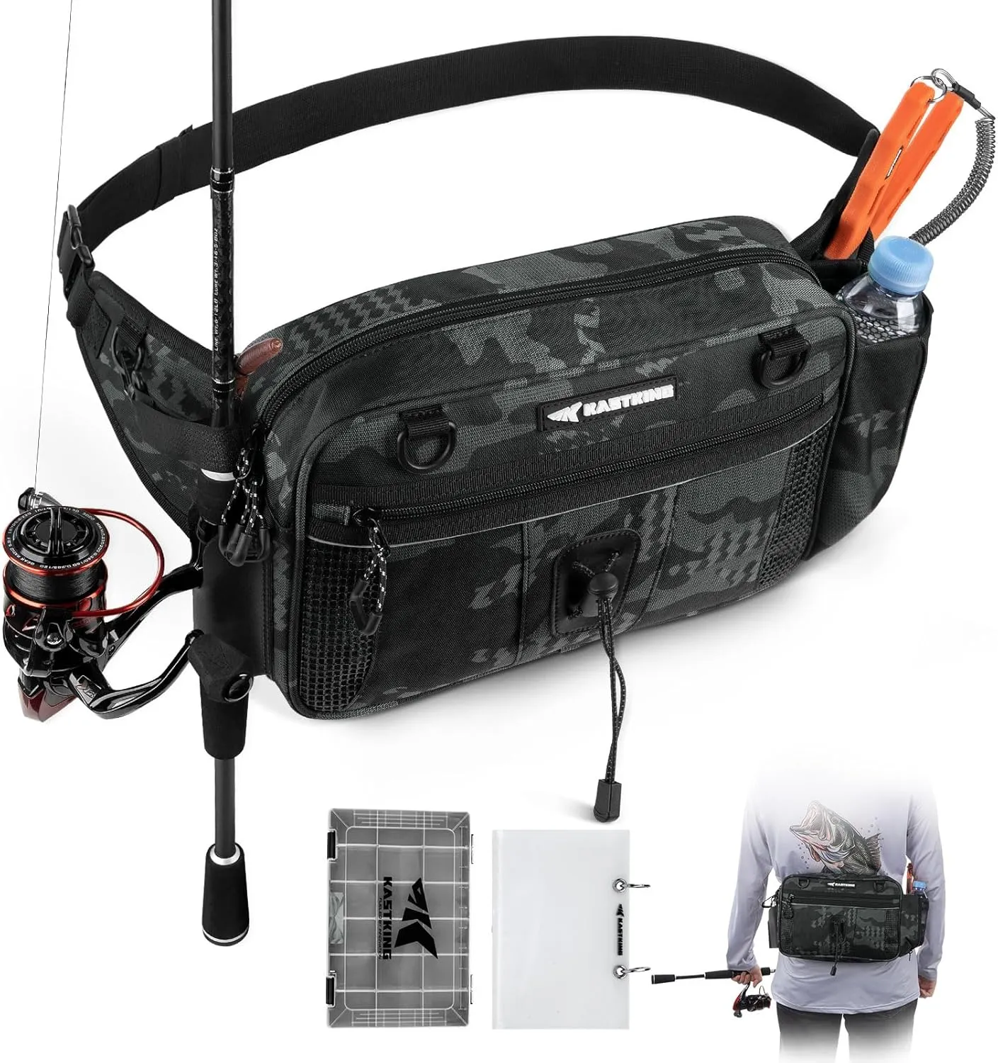 KastKing BaitSpace Waist Bag – Waterproof Tackle Storage Bag With Adjustable Belt, Fishing Fanny Pack for Men, Soft Bait Organizer, 3600 Utility Box, Rod Holder, Nylon