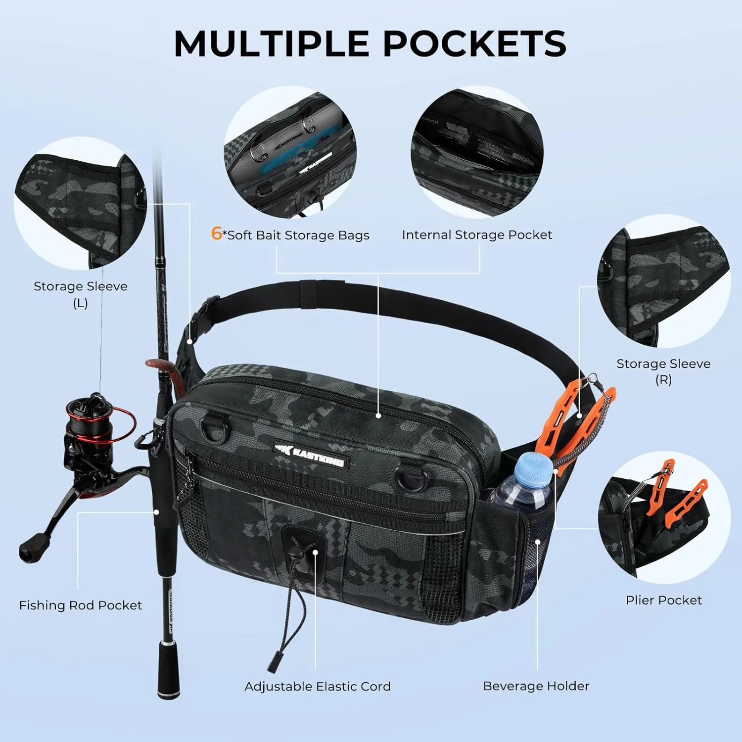 KastKing BaitSpace Waist Bag – Waterproof Tackle Storage Bag With Adjustable Belt, Fishing Fanny Pack for Men, Soft Bait Organizer, 3600 Utility Box, Rod Holder, Nylon