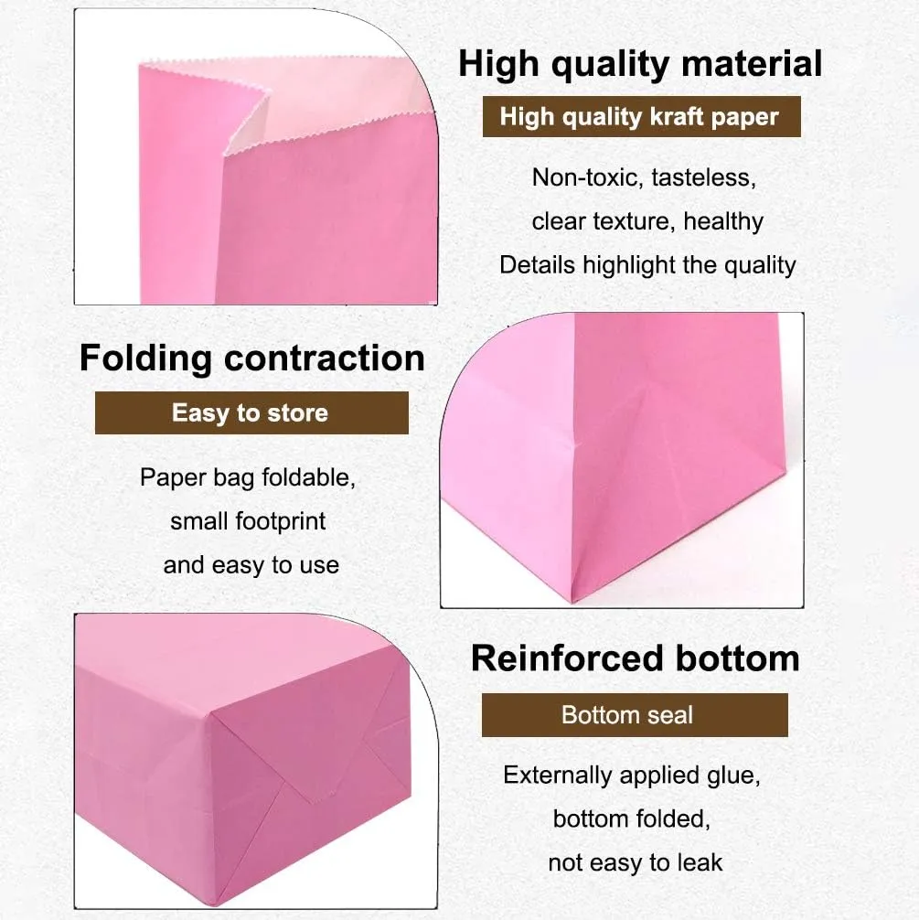 KEYYOOMY Small Bright Color Paper Bags Pink Party Favor Bags Party Goodie Bag Paper Lunch Bag (Pink, 50 CT, 4.7 X 2.4 X 8.7 In)