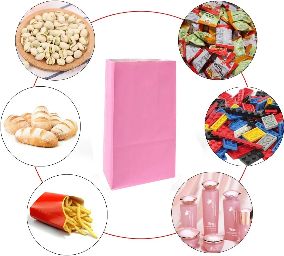KEYYOOMY Small Bright Color Paper Bags Pink Party Favor Bags Party Goodie Bag Paper Lunch Bag (Pink, 50 CT, 4.7 X 2.4 X 8.7 In)