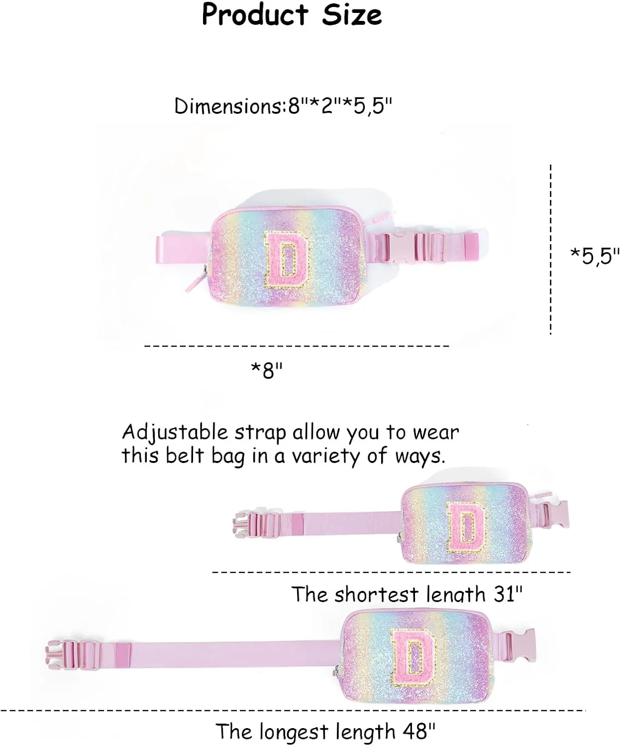 Kids Fanny Pack Glitter Waist Pack Initial Crossbody Bag Belt Bag for Girls Gifts Sparkly Cute Purse Rainbow D