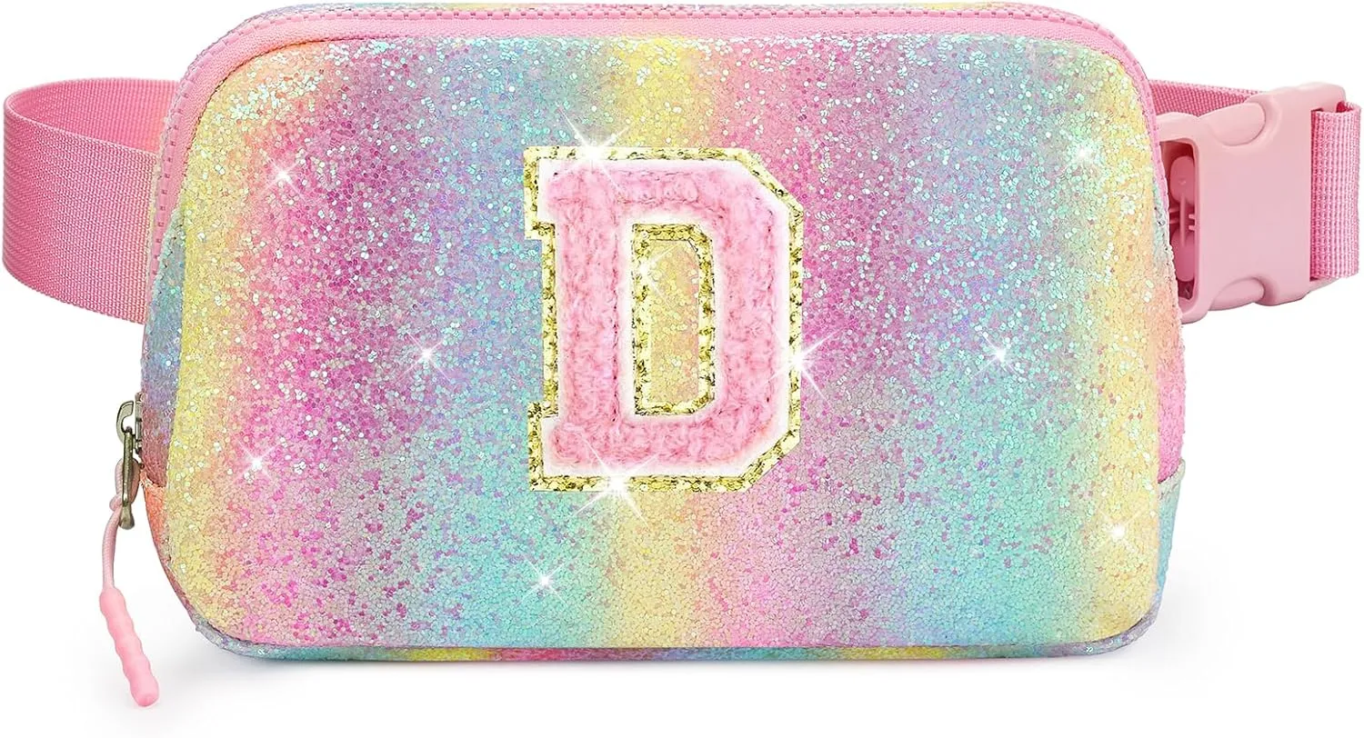 Kids Fanny Pack Glitter Waist Pack Initial Crossbody Bag Belt Bag for Girls Gifts Sparkly Cute Purse Rainbow D