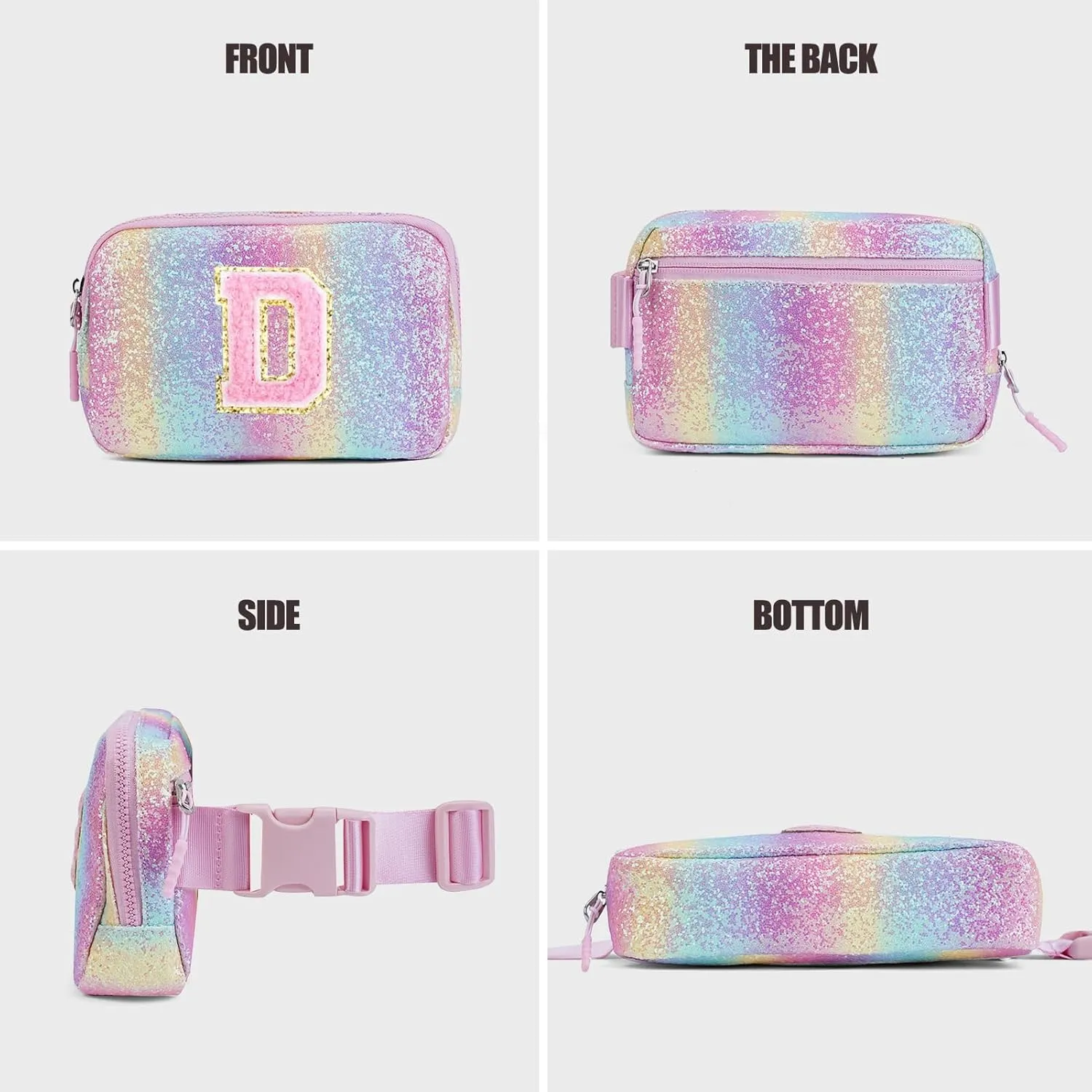 Kids Fanny Pack Glitter Waist Pack Initial Crossbody Bag Belt Bag for Girls Gifts Sparkly Cute Purse Rainbow D