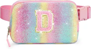 Kids Fanny Pack Glitter Waist Pack Initial Crossbody Bag Belt Bag for Girls Gifts Sparkly Cute Purse Rainbow D