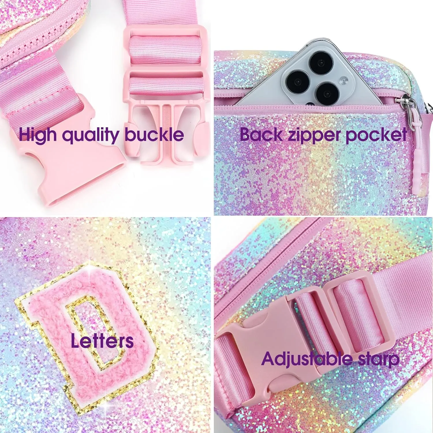 Kids Fanny Pack Glitter Waist Pack Initial Crossbody Bag Belt Bag for Girls Gifts Sparkly Cute Purse Rainbow D