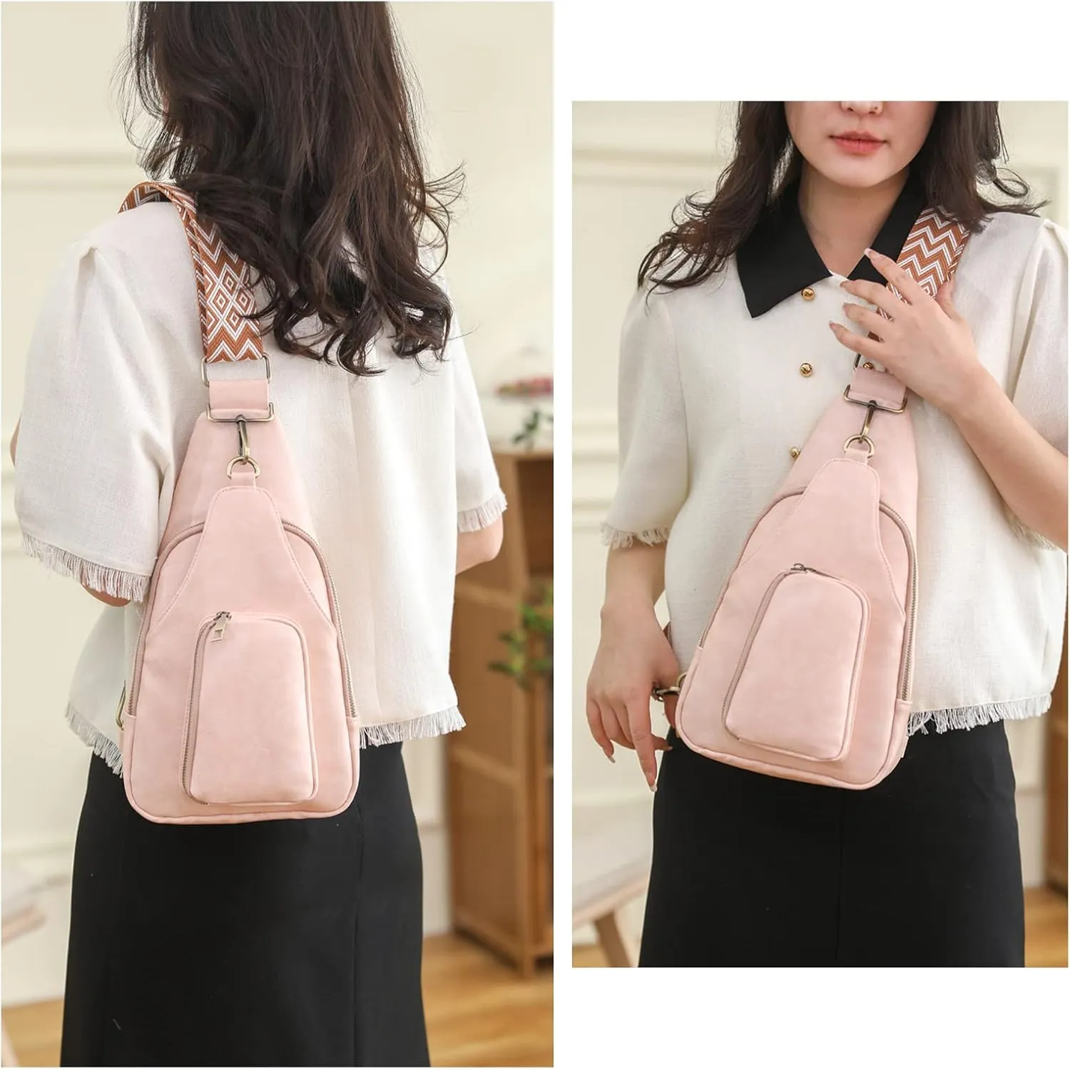 KlaOYer Sling Leather Bags For Women Crossbody Small Fanny Pack Purses Chest Bags With Guitar Strap For Gril Lady