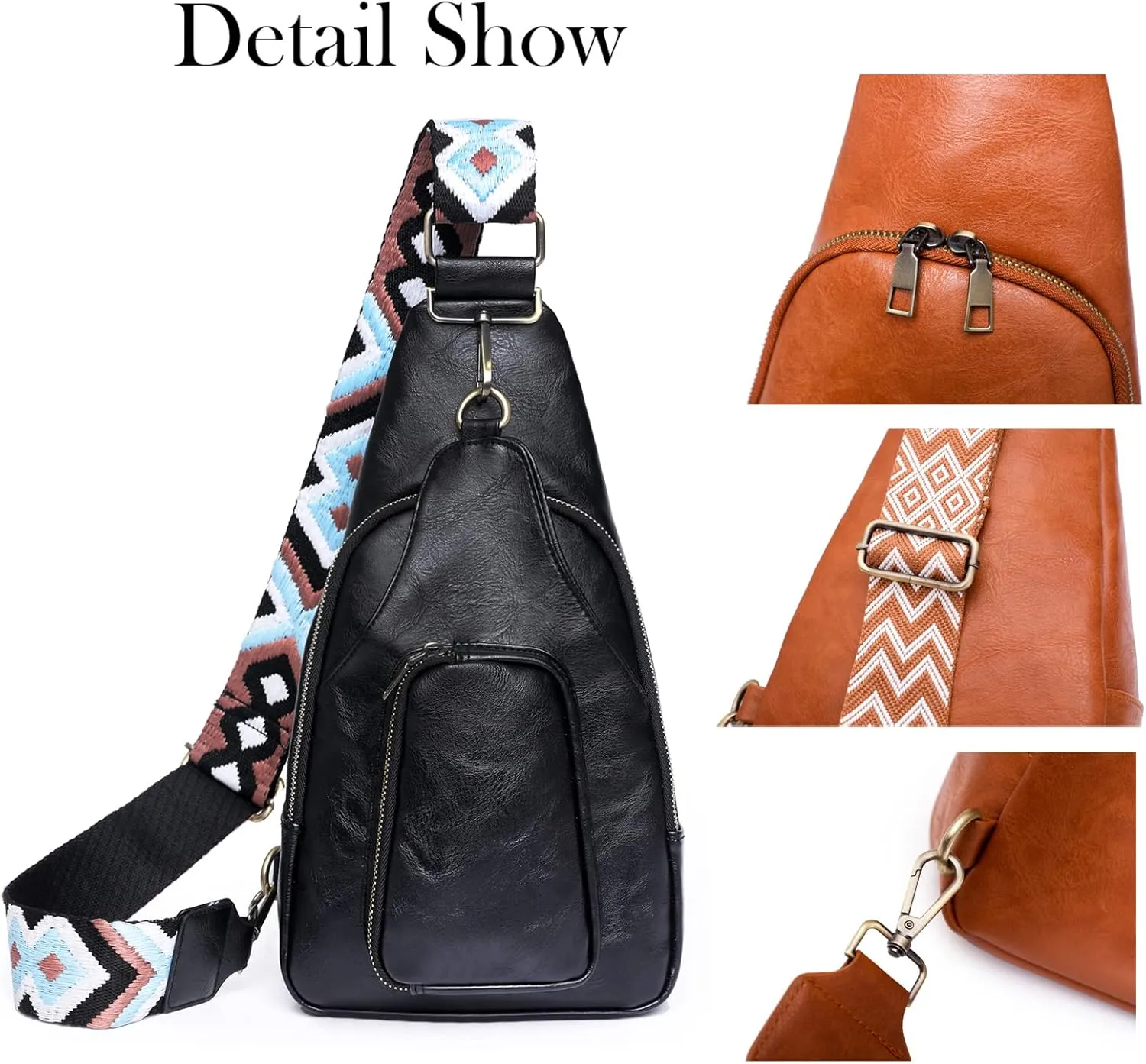 KlaOYer Sling Leather Bags For Women Crossbody Small Fanny Pack Purses Chest Bags With Guitar Strap For Gril Lady