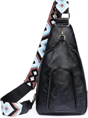 KlaOYer Sling Leather Bags For Women Crossbody Small Fanny Pack Purses Chest Bags With Guitar Strap For Gril Lady