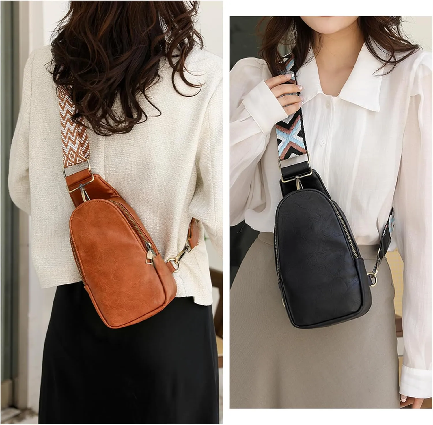 KlaOYer Sling Leather Bags For Women Crossbody Small Fanny Pack Purses Chest Bags With Guitar Strap For Gril Lady