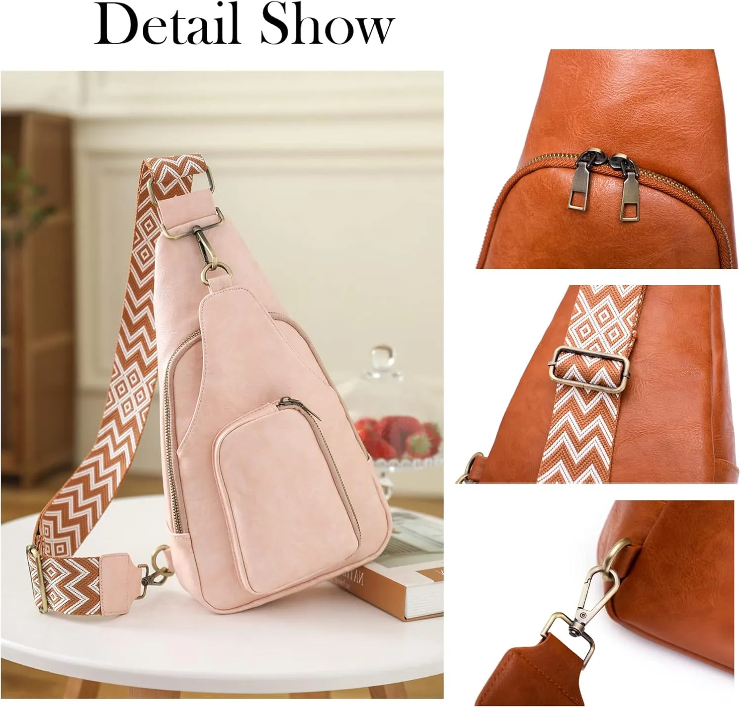 KlaOYer Sling Leather Bags For Women Crossbody Small Fanny Pack Purses Chest Bags With Guitar Strap For Gril Lady