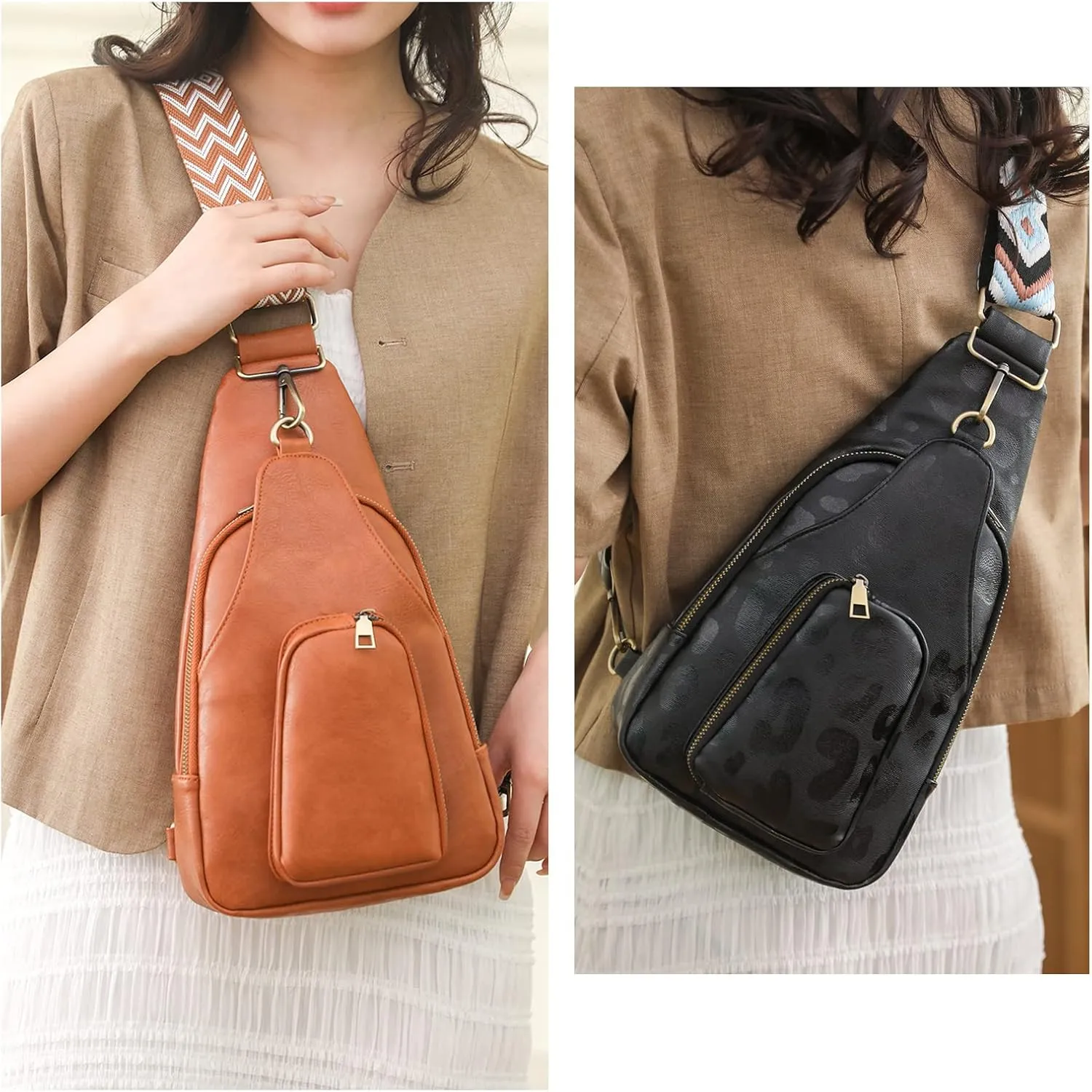 KlaOYer Sling Leather Bags For Women Crossbody Small Fanny Pack Purses Chest Bags With Guitar Strap For Gril Lady