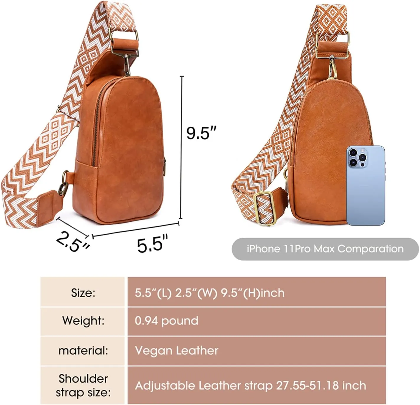 KlaOYer Sling Leather Bags For Women Crossbody Small Fanny Pack Purses Chest Bags With Guitar Strap For Gril Lady