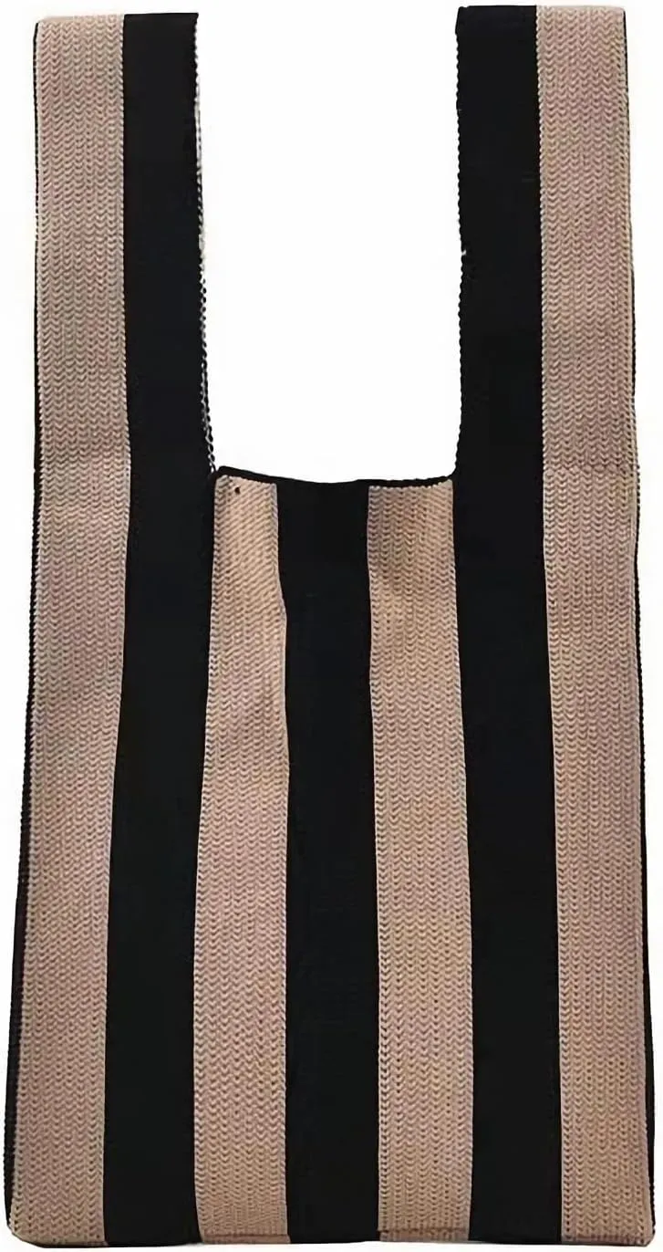 Knitted Tote Bag for Women Small Crochet Bag Checkered Striped Parttern Boho Woven Handbag Shopping Bag