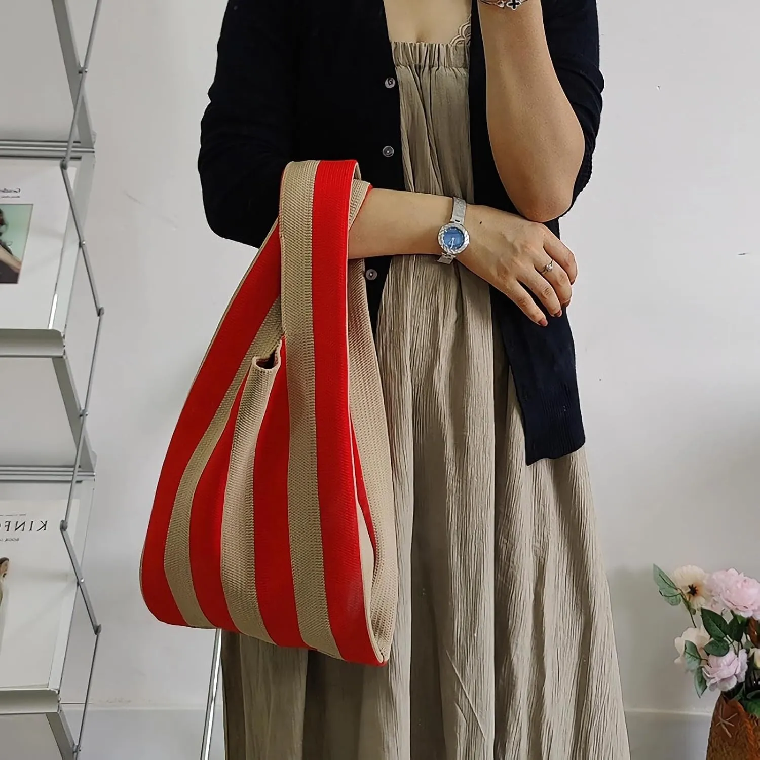 Knitted Tote Bag for Women Small Crochet Bag Checkered Striped Parttern Boho Woven Handbag Shopping Bag
