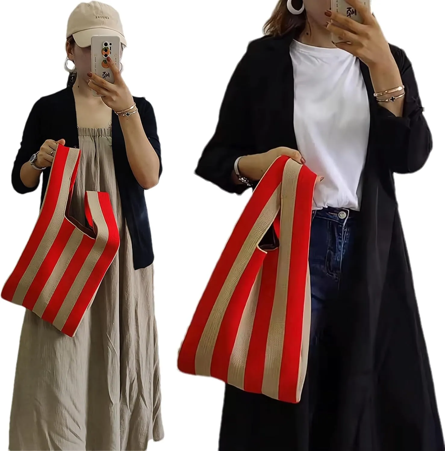 Knitted Tote Bag for Women Small Crochet Bag Checkered Striped Parttern Boho Woven Handbag Shopping Bag