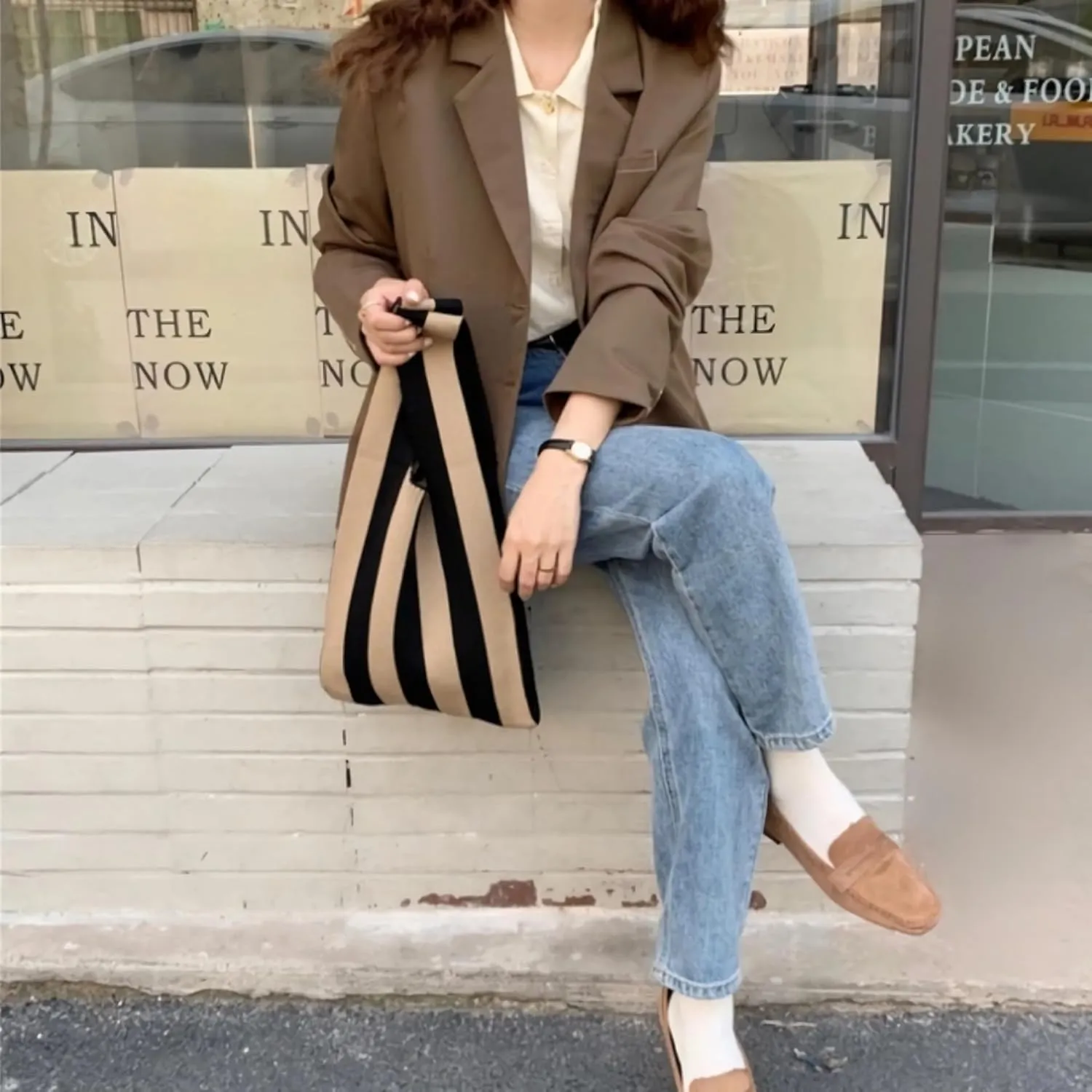 Knitted Tote Bag for Women Small Crochet Bag Checkered Striped Parttern Boho Woven Handbag Shopping Bag