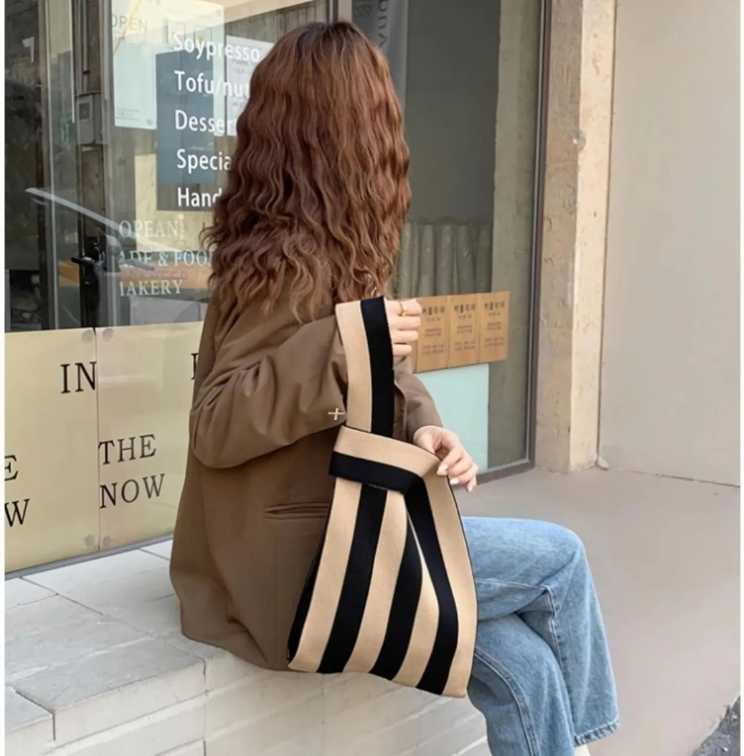 Knitted Tote Bag for Women Small Crochet Bag Checkered Striped Parttern Boho Woven Handbag Shopping Bag