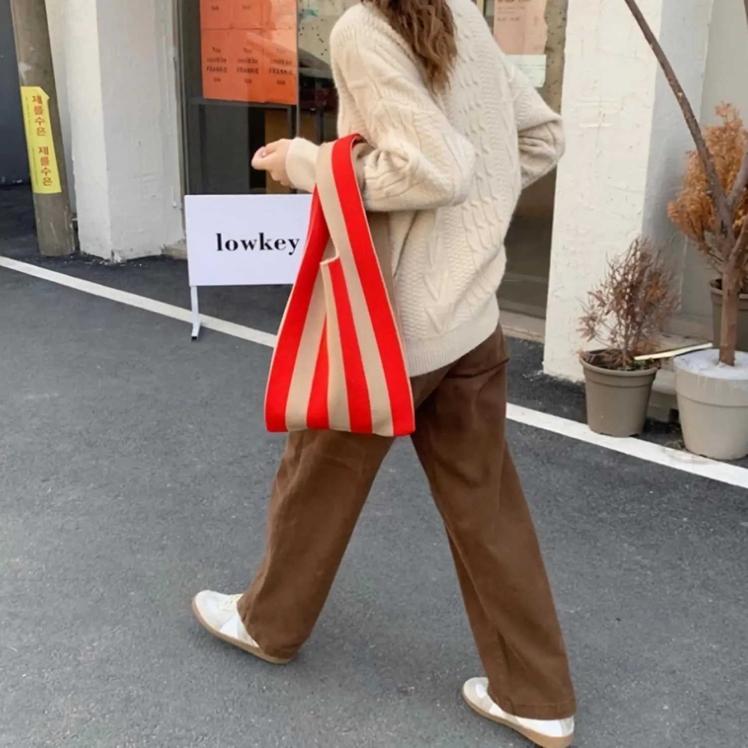 Knitted Tote Bag for Women Small Crochet Bag Checkered Striped Parttern Boho Woven Handbag Shopping Bag