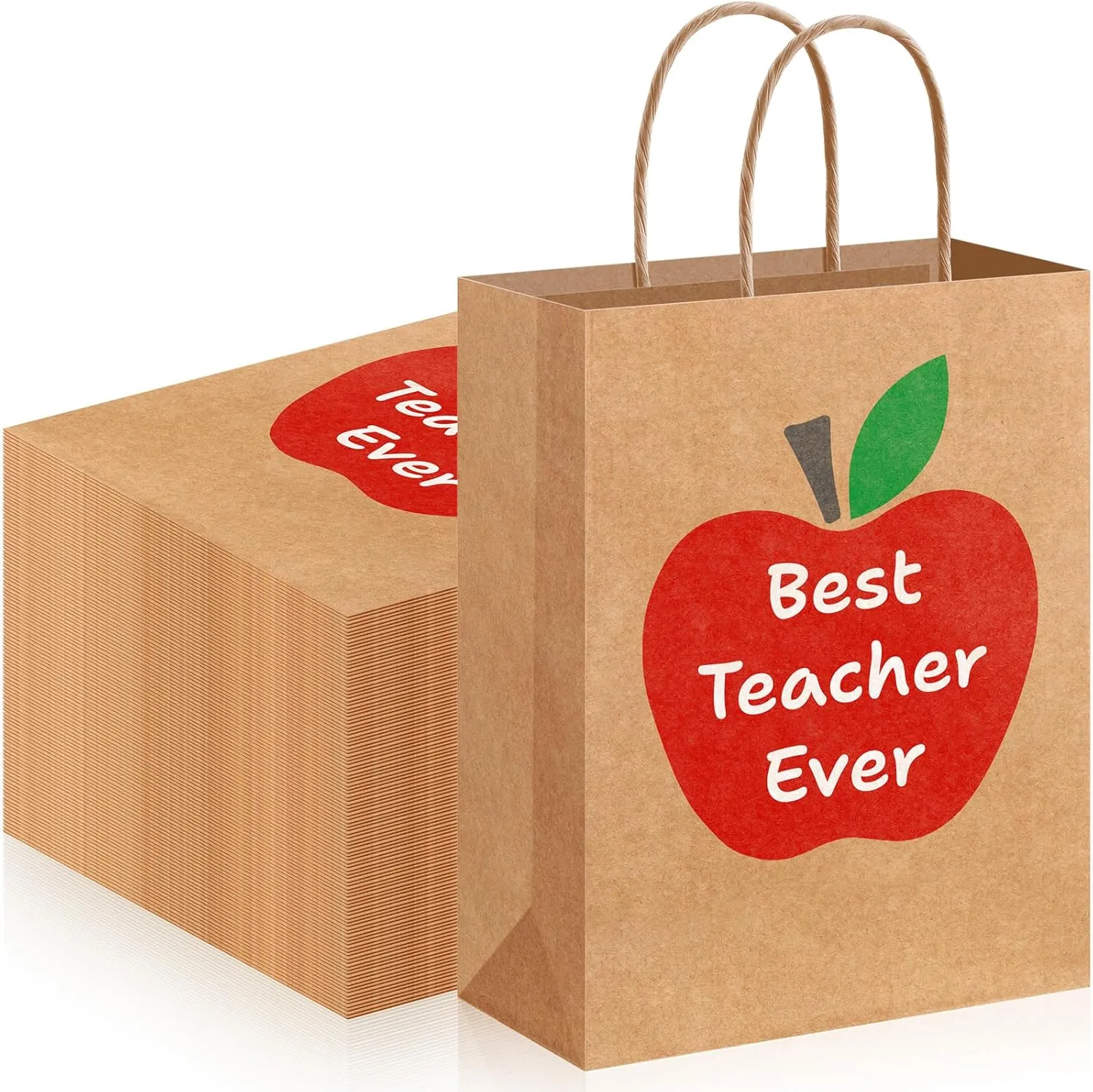 Kolldenn 48 Pcs Teacher Appreciation Gift Bags with Handle Kraft Best Teacher Ever Bags Bulk for Thank You Party Graduation Party Decoration