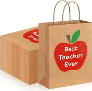 Kolldenn 48 Pcs Teacher Appreciation Gift Bags with Handle Kraft Best Teacher Ever Bags Bulk for Thank You Party Graduation Party Decoration