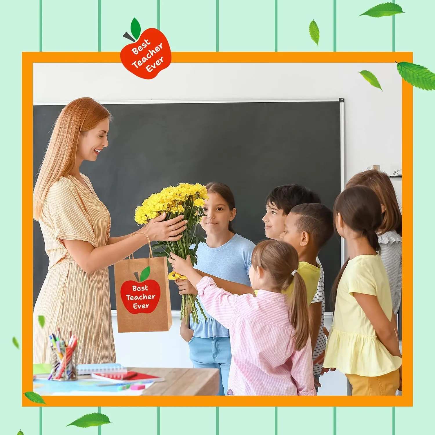 Kolldenn 48 Pcs Teacher Appreciation Gift Bags with Handle Kraft Best Teacher Ever Bags Bulk for Thank You Party Graduation Party Decoration