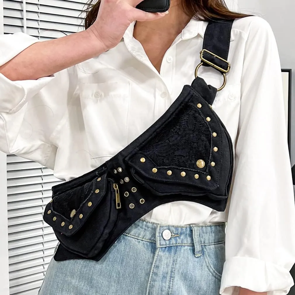 KPYWZER Cotton Fanny Pack for Women Bum Waist Bag Renaissance Faire Festival Lace Hip Belt Money Bag Womens Travel Outdoors Sports Workout Travelling Black